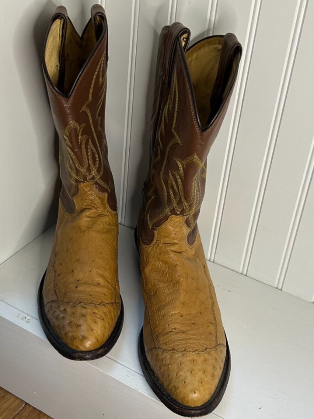 Tony Lama Cowboy Boots 12 D Men’s Ostrich Rounds Point Toe Tan Brown Rodeo